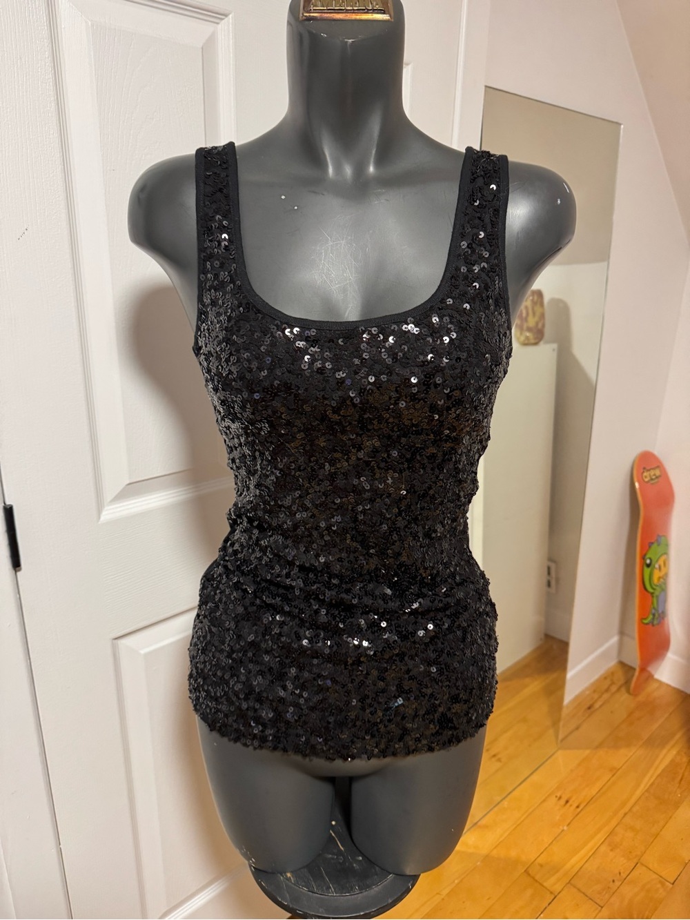 Black Sequin Scoop Neck Tank Top